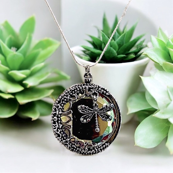 Dragonfly Articulating Sterling Silver Chain Mirror backed Pendant necklace - Picture 3 of 8